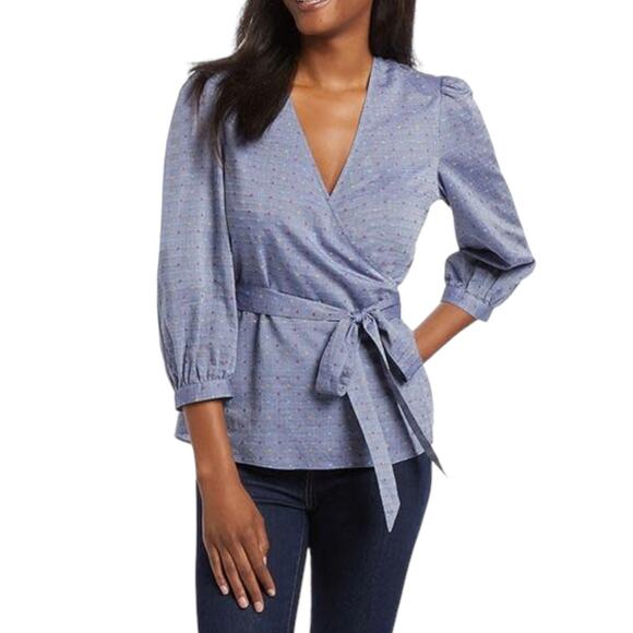 Draper James Embroidered Dot Chambray Wrap Top - Blue - 4 - Picture 2 of 15